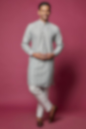 Grey Slub Silk Embroidered Kurta Set by RNG Safawala Men at Pernia's Pop Up Shop