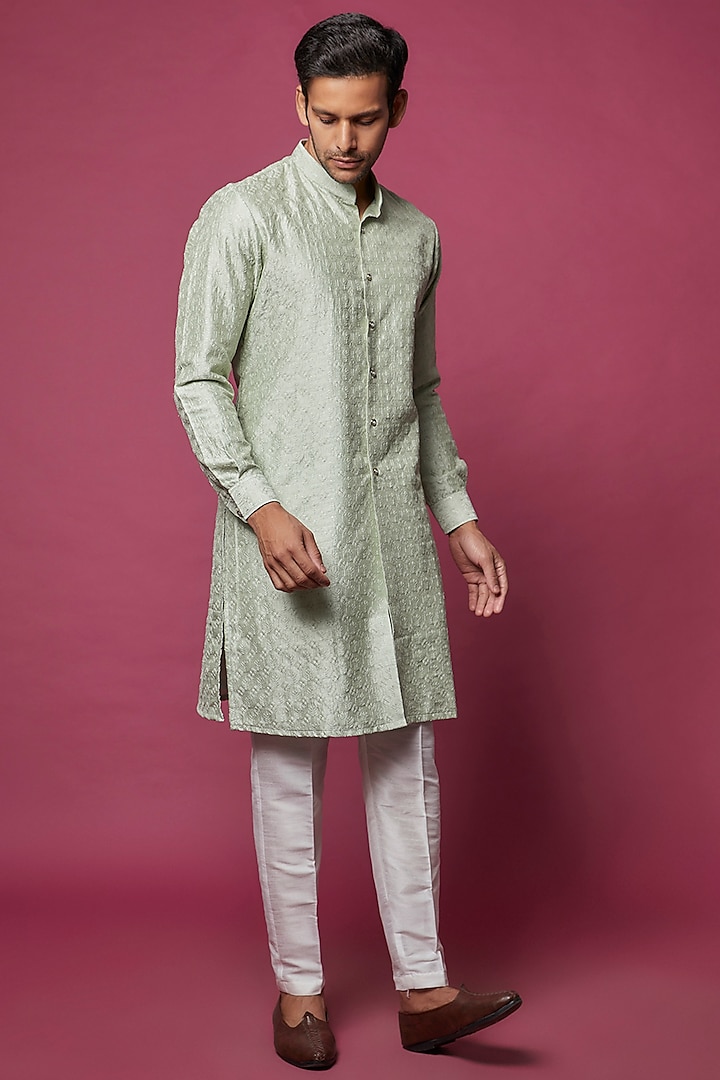 Sage Green Cotton Silk Embroidered Kurta Set by RNG Safawala Men