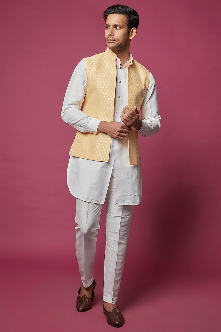 Yellow Brocade Silk Printed Indowestern Jacket With Kurta Set by RNG Safawala Men