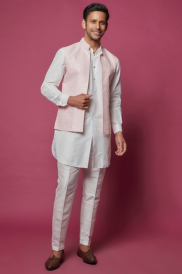 Baby Pink Brocade Silk Printed Indowestern Jacket With Kurta Set by RNG Safawala Men