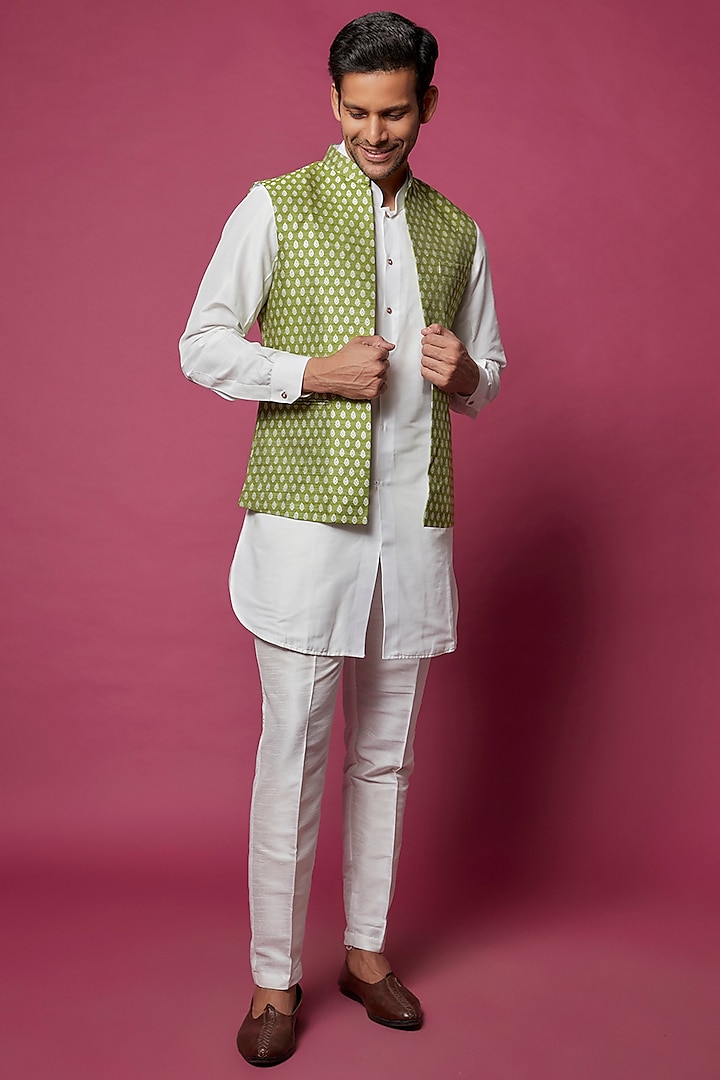 Olive Green Brocade Silk Printed Indowestern Jacket With Kurta Set by RNG Safawala Men