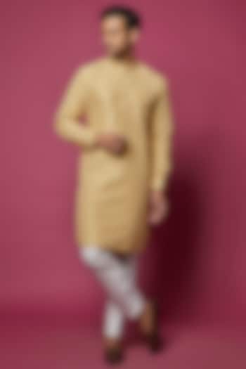 Mustard Slub Silk Embroidered Kurta Set by RNG Safawala Men at Pernia's Pop Up Shop