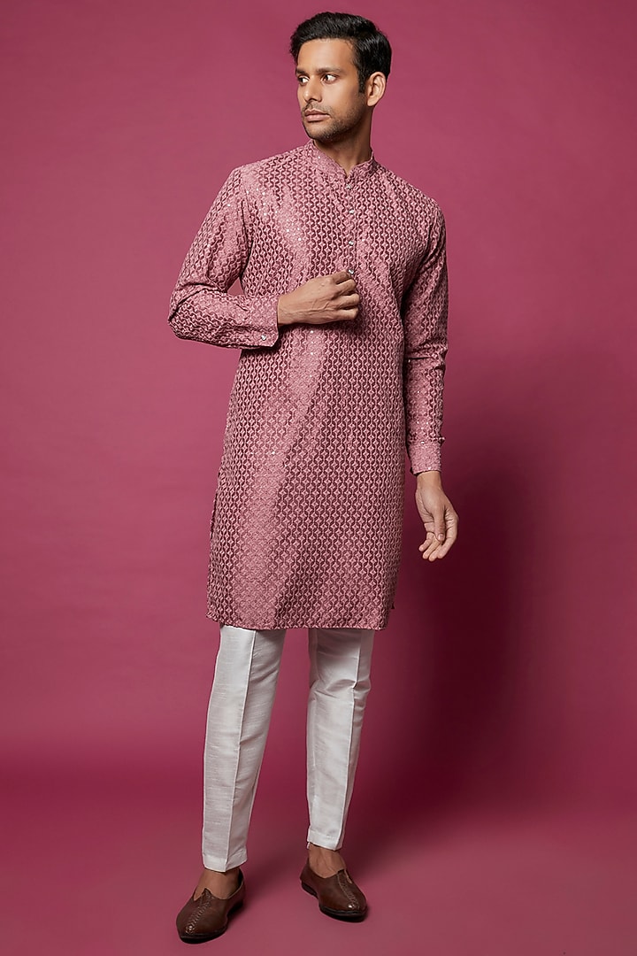 Mauve Slub Silk Embroidered Kurta Set by RNG Safawala Men at Pernia's Pop Up Shop