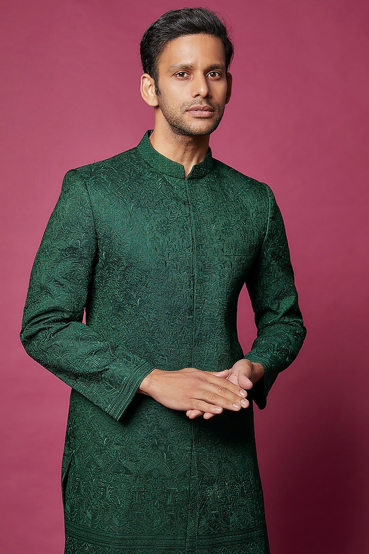 Bottle Green Raw Silk Embroidered Kurta Set Design by RNG Safawala