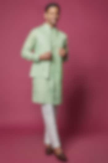 Sea Green Cotton Linen Printed Indowestern Jacket With Kurta Set by RNG Safawala Men at Pernia's Pop Up Shop