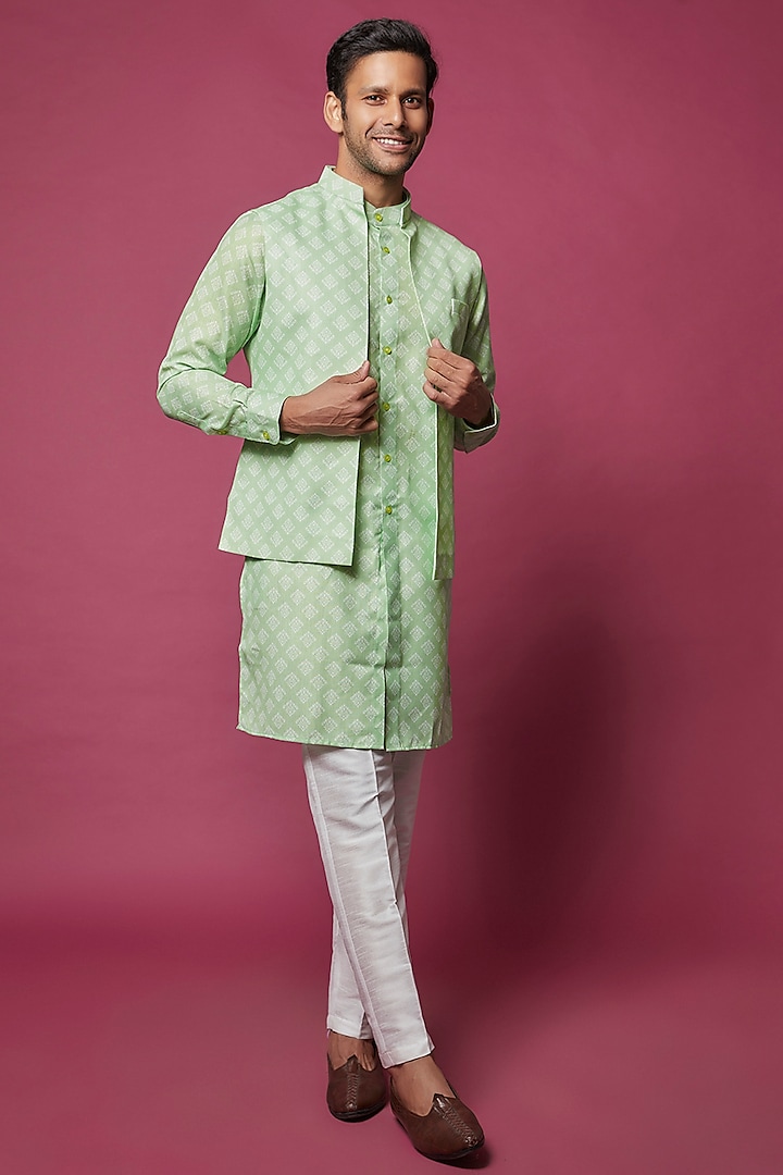 Sea Green Cotton Linen Printed Indowestern Jacket With Kurta Set by RNG Safawala Men