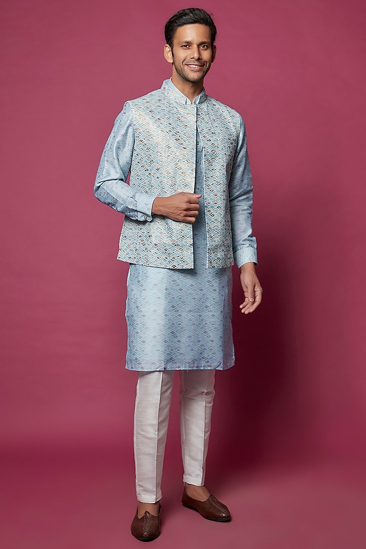 Sky Blue Raw Silk Printed Indowestern Jacket With Kurta Set by RNG Safawala Men