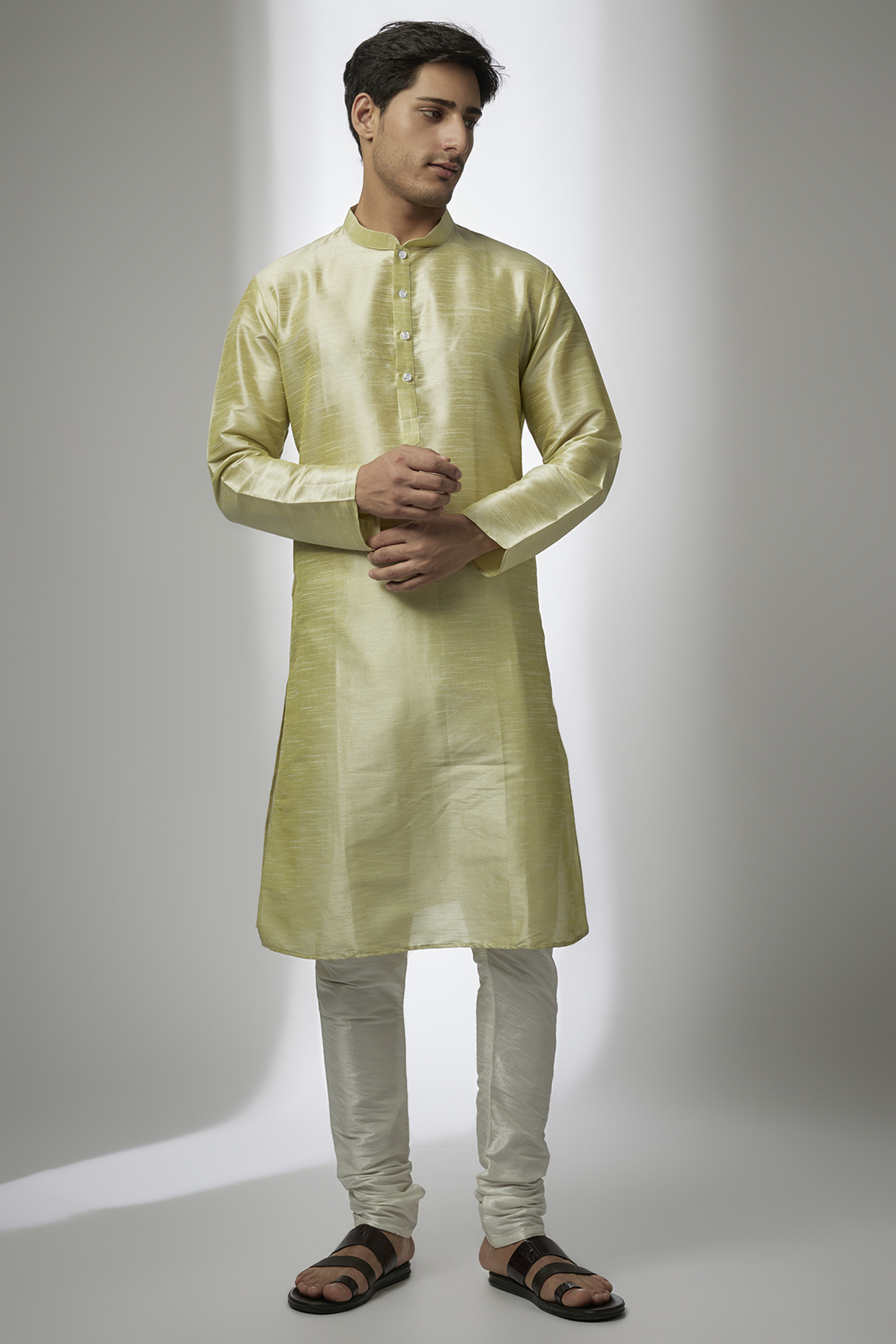Mint Green Slub Silk Kurta Set by RNG Safawala Men