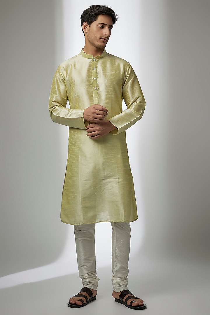 Mint Green Slub Silk Kurta Set by RNG Safawala Men