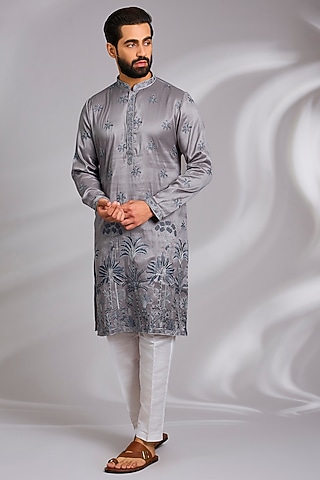 Grey Cotton Silk Thread Embroidered Kurta Set by RNG Safawala Men