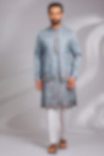 Sky Blue Cotton Silk Thread Embroidered Open Jacket Set by RNG Safawala Men at Pernia's Pop Up Shop