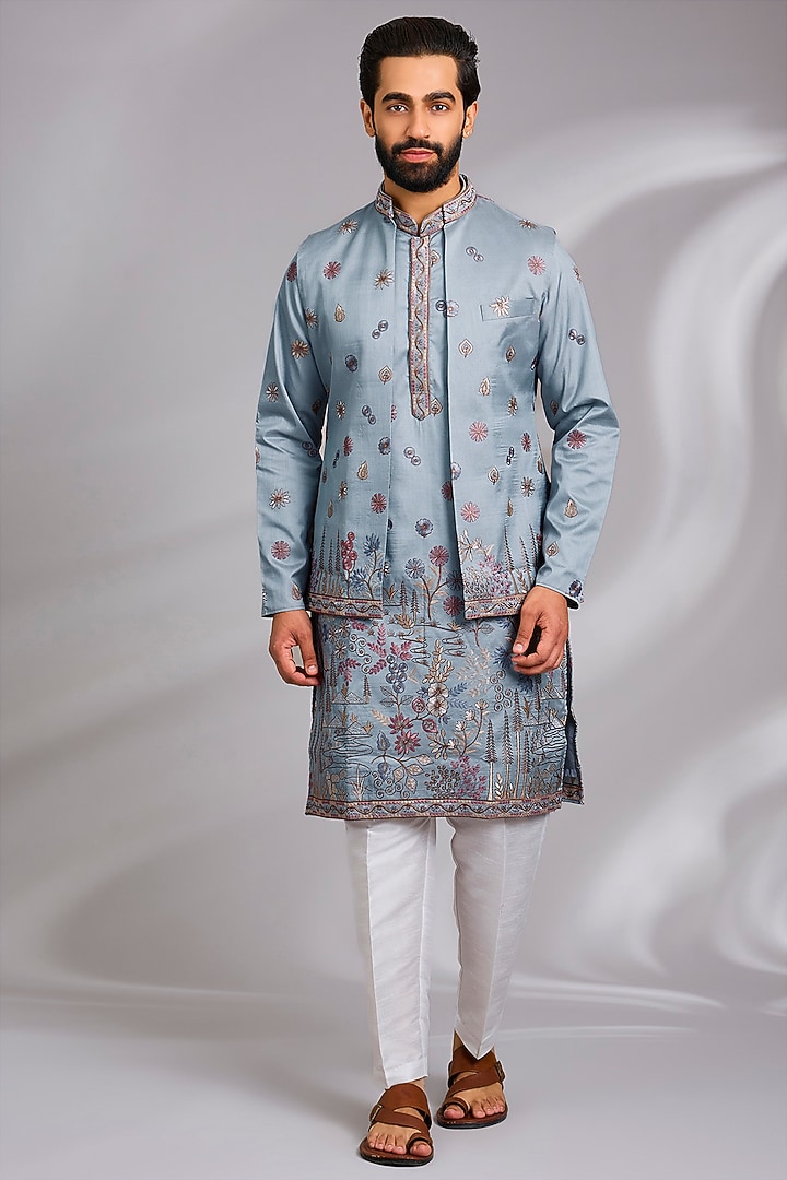 Sky Blue Cotton Silk Thread Embroidered Open Jacket Set by RNG Safawala Men at Pernia's Pop Up Shop
