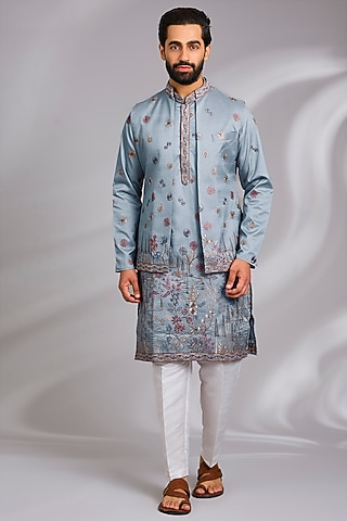 Sky Blue Cotton Silk Thread Embroidered Open Jacket Set by RNG Safawala Men
