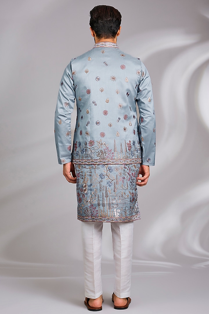 Sky Blue Cotton Silk Thread Embroidered Open Jacket Set by RNG Safawala Men at Pernia's Pop Up Shop