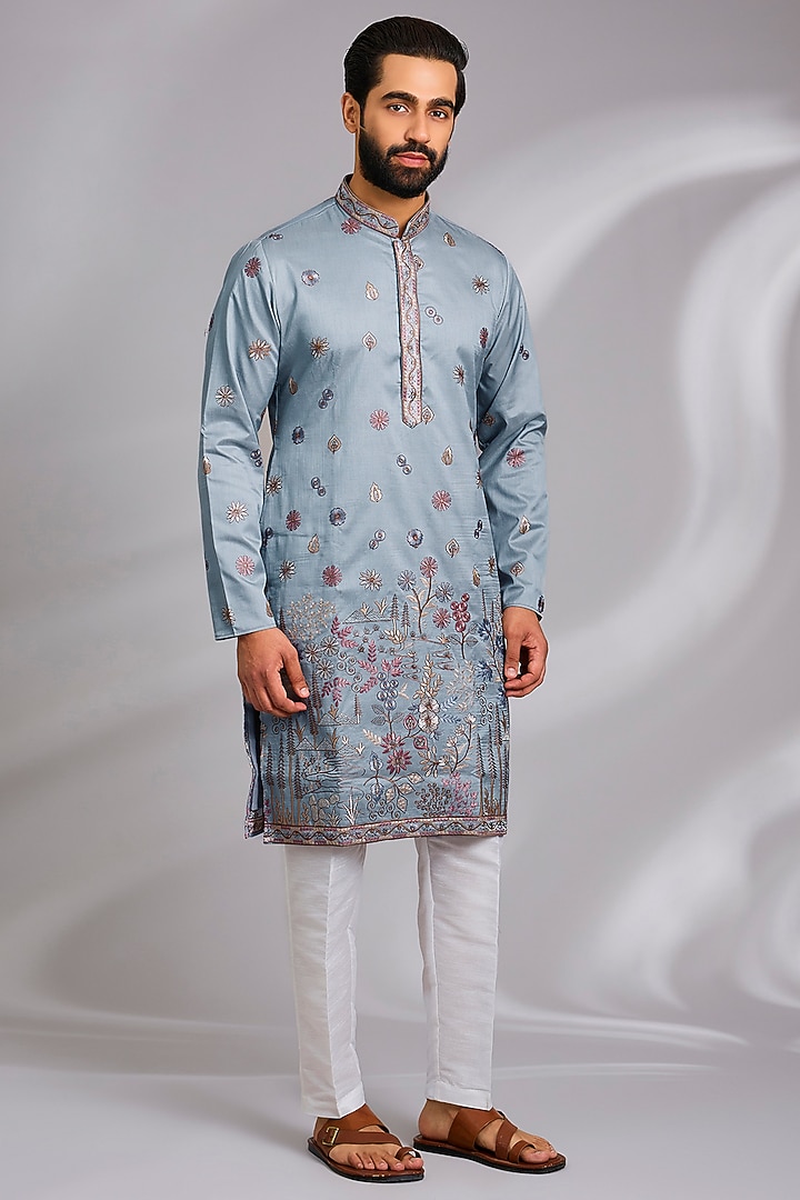 Sky Blue Cotton Silk Thread Embroidered Open Jacket Set by RNG Safawala Men at Pernia's Pop Up Shop