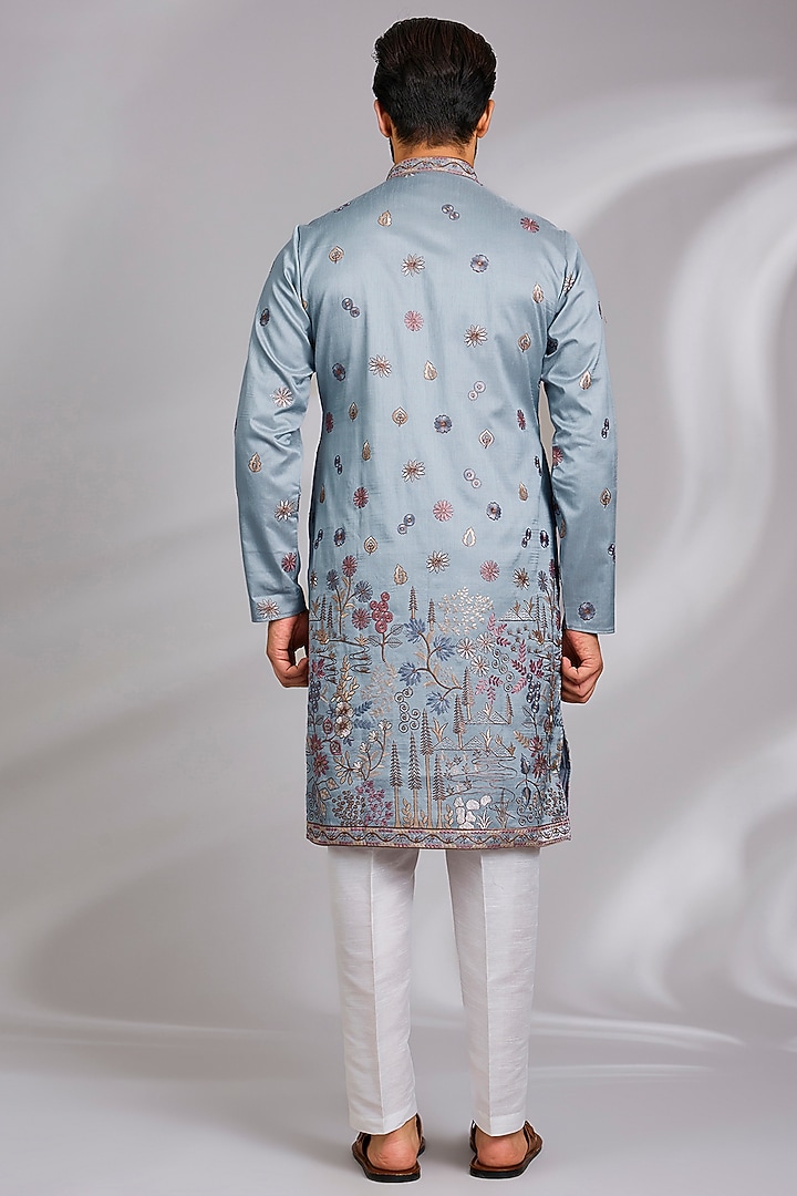 Sky Blue Cotton Silk Thread Embroidered Open Jacket Set by RNG Safawala Men at Pernia's Pop Up Shop