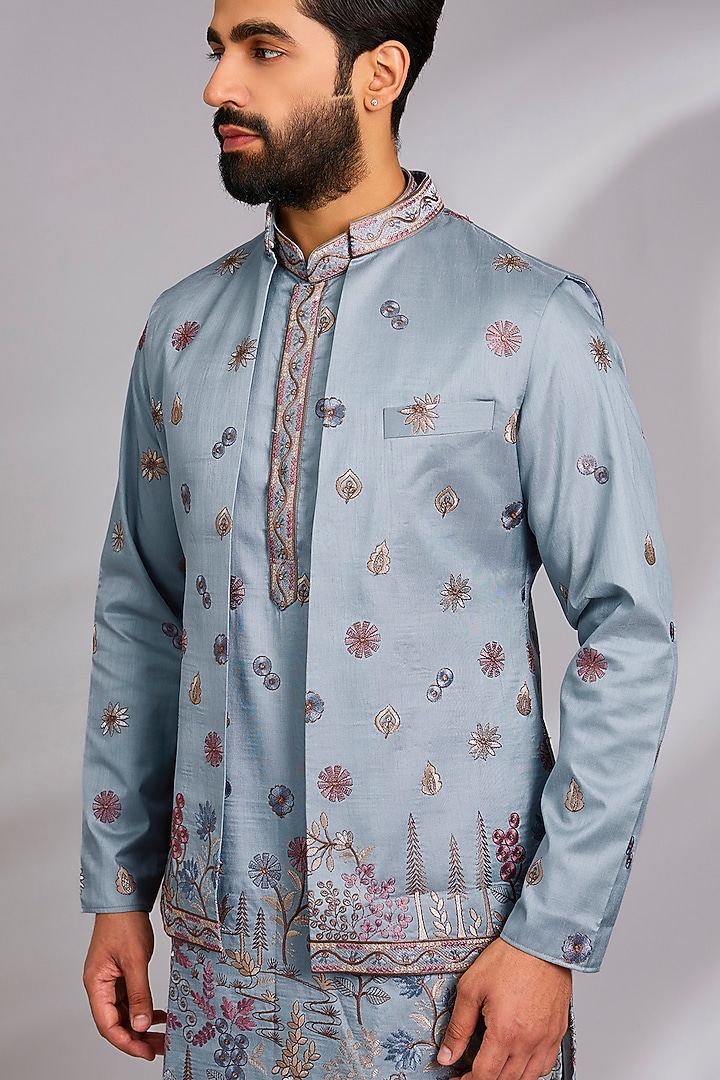 Sky Blue Cotton Silk Thread Embroidered Open Jacket Set by RNG Safawala Men at Pernia's Pop Up Shop