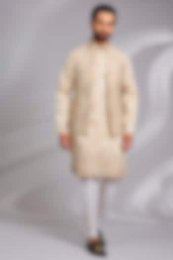Beige Cotton Silk Thread Embroidered Open Jacket Set by RNG Safawala Men at Pernia's Pop Up Shop