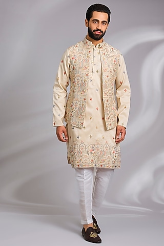 Beige Cotton Silk Thread Embroidered Open Jacket Set by RNG Safawala Men