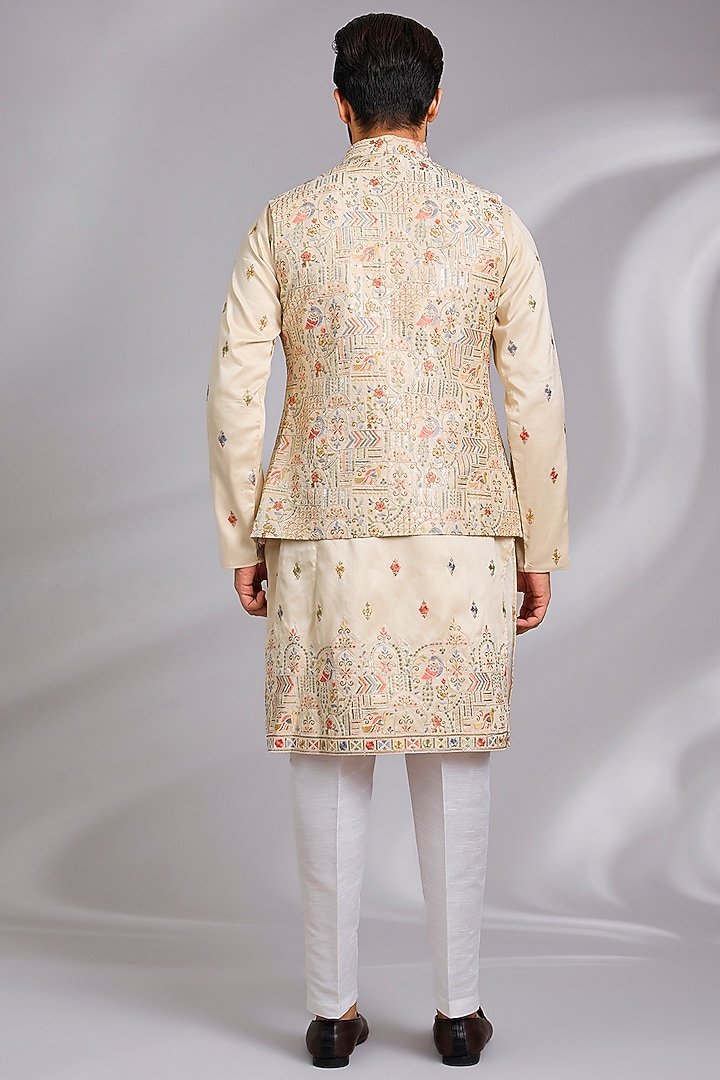Beige Cotton Silk Thread Embroidered Open Jacket Set by RNG Safawala Men at Pernia's Pop Up Shop