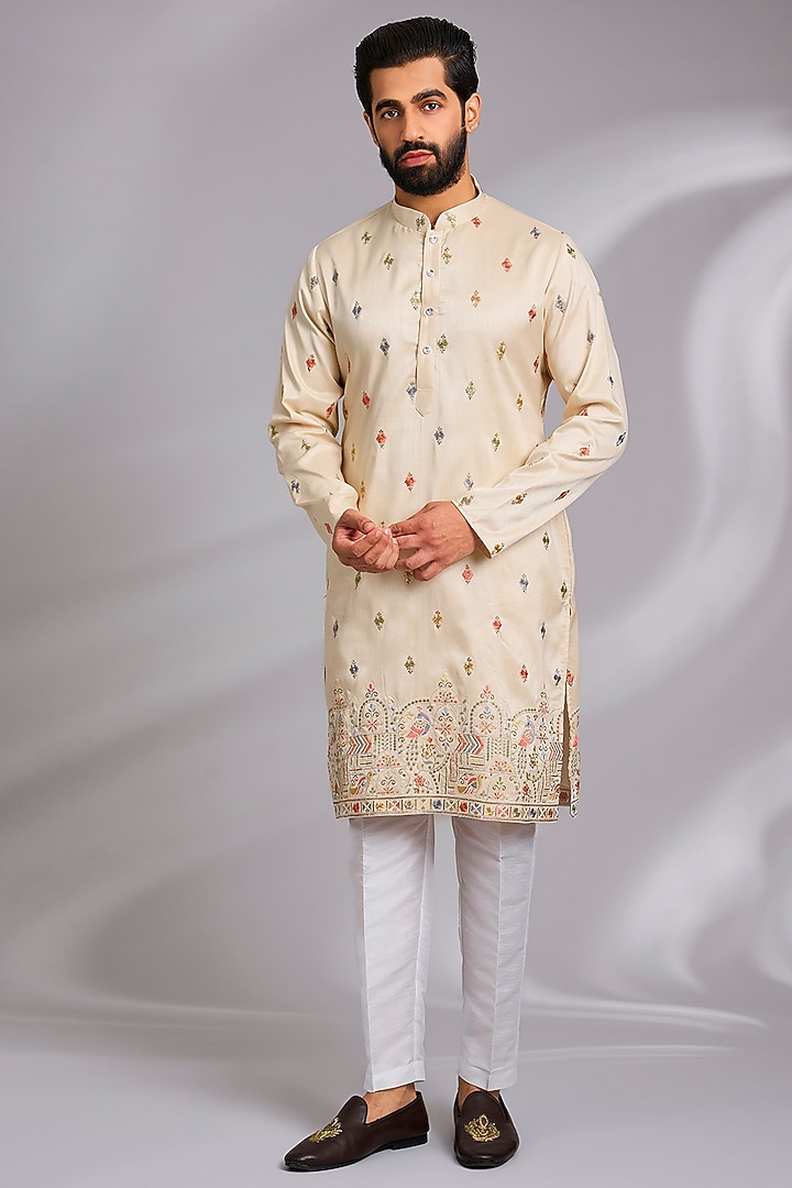 Beige Cotton Silk Thread Embroidered Open Jacket Set by RNG Safawala Men at Pernia's Pop Up Shop
