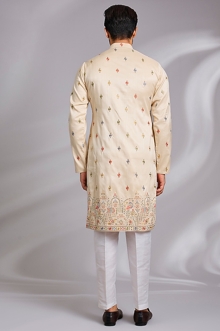 Beige Cotton Silk Thread Embroidered Open Jacket Set by RNG Safawala Men at Pernia's Pop Up Shop