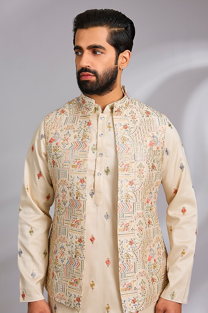 Beige Cotton Silk Thread Embroidered Open Jacket Set by RNG Safawala Men at Pernia's Pop Up Shop