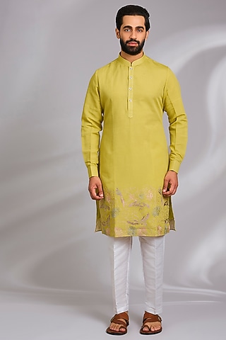 Lime Green Cotton Silk Thread Embroidered Kurta Set by RNG Safawala Men