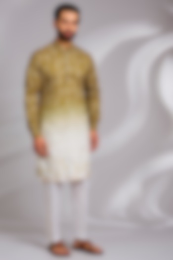 Lime Green Ombre Cotton Silk Thread Embroidered Kurta Set by RNG Safawala Men at Pernia's Pop Up Shop