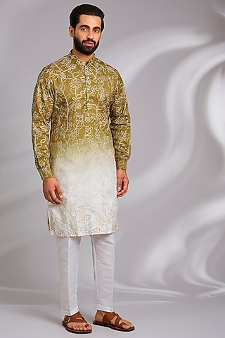 Lime Green Ombre Cotton Silk Thread Embroidered Kurta Set by RNG Safawala Men