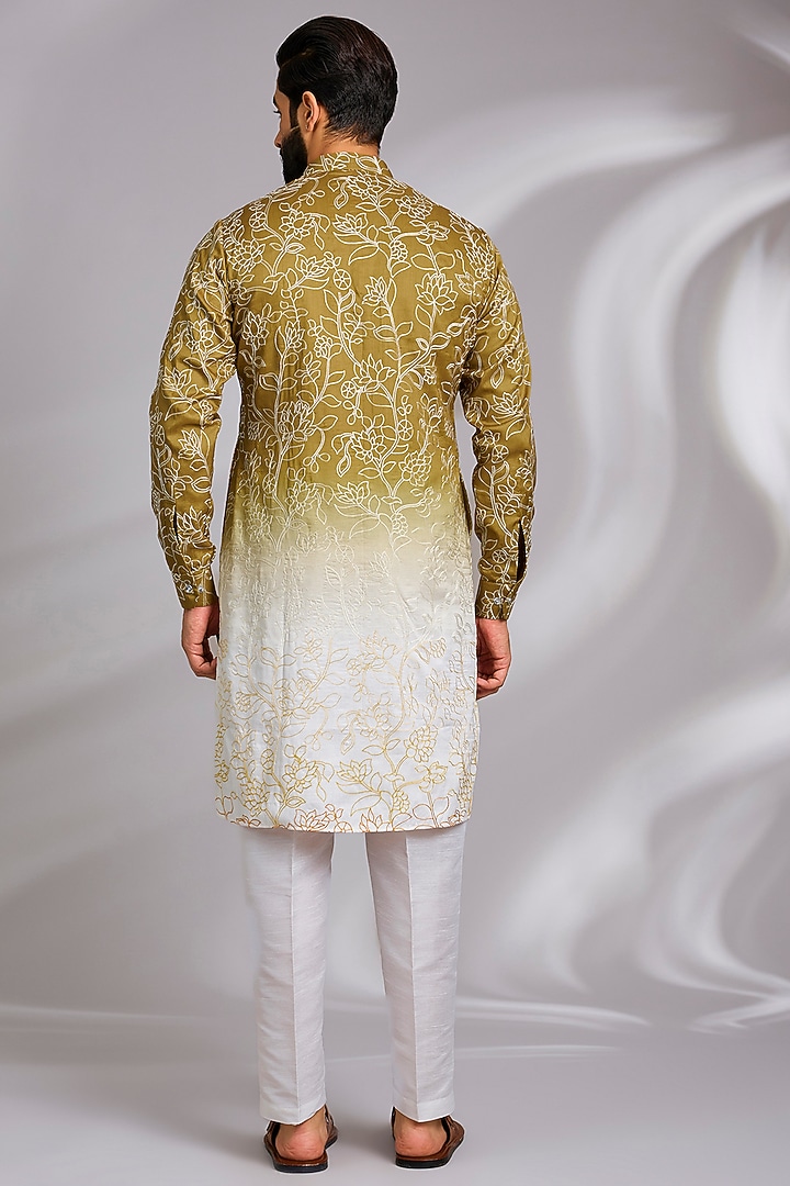 Lime Green Ombre Cotton Silk Thread Embroidered Kurta Set by RNG Safawala Men at Pernia's Pop Up Shop