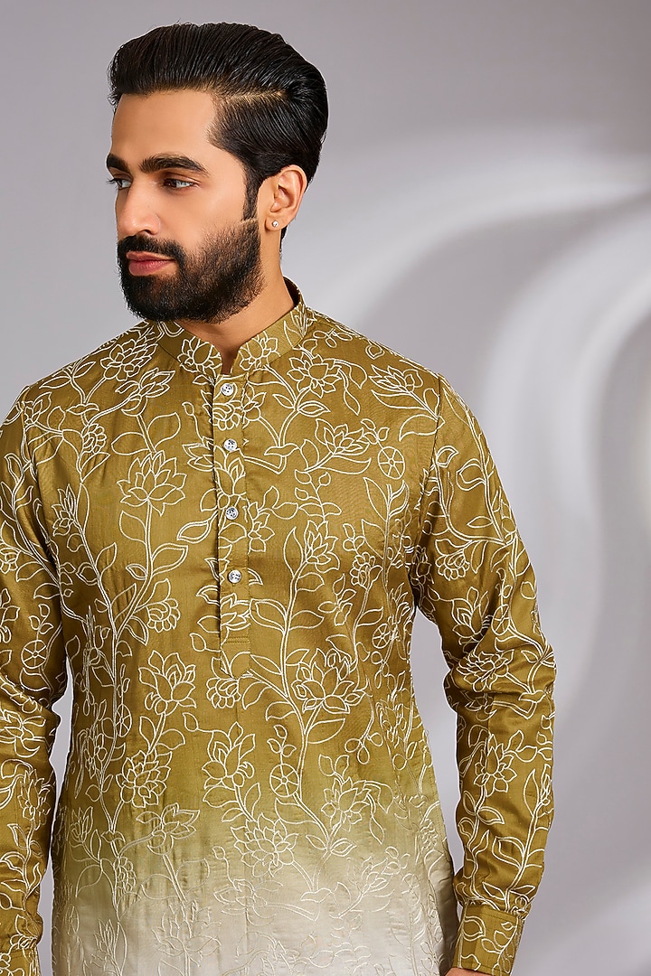 Lime Green Ombre Cotton Silk Thread Embroidered Kurta Set by RNG Safawala Men at Pernia's Pop Up Shop