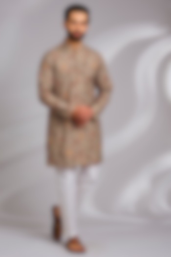 Beige Cotton Silk Floral Printed & Embroidered Kurta Set by RNG Safawala Men at Pernia's Pop Up Shop