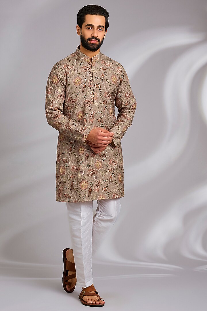 Beige Cotton Silk Floral Printed & Embroidered Kurta Set by RNG Safawala Men at Pernia's Pop Up Shop