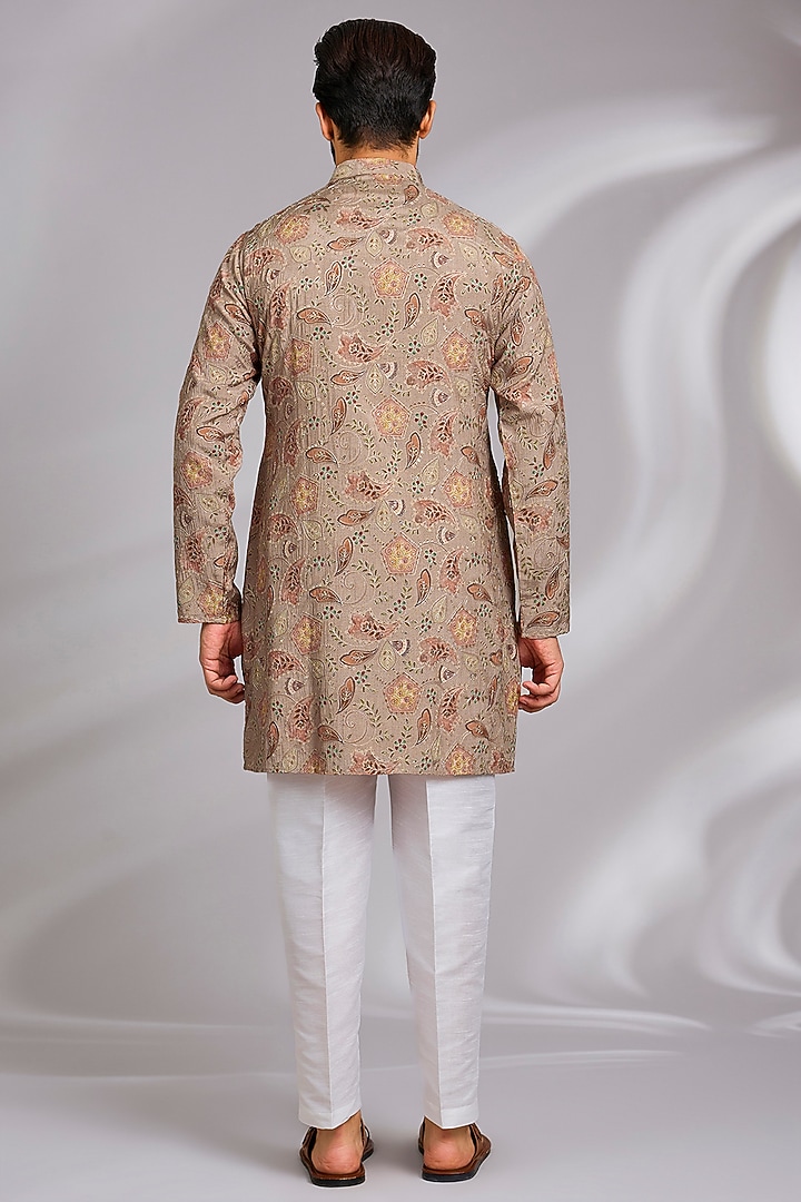 Beige Cotton Silk Floral Printed & Embroidered Kurta Set by RNG Safawala Men at Pernia's Pop Up Shop