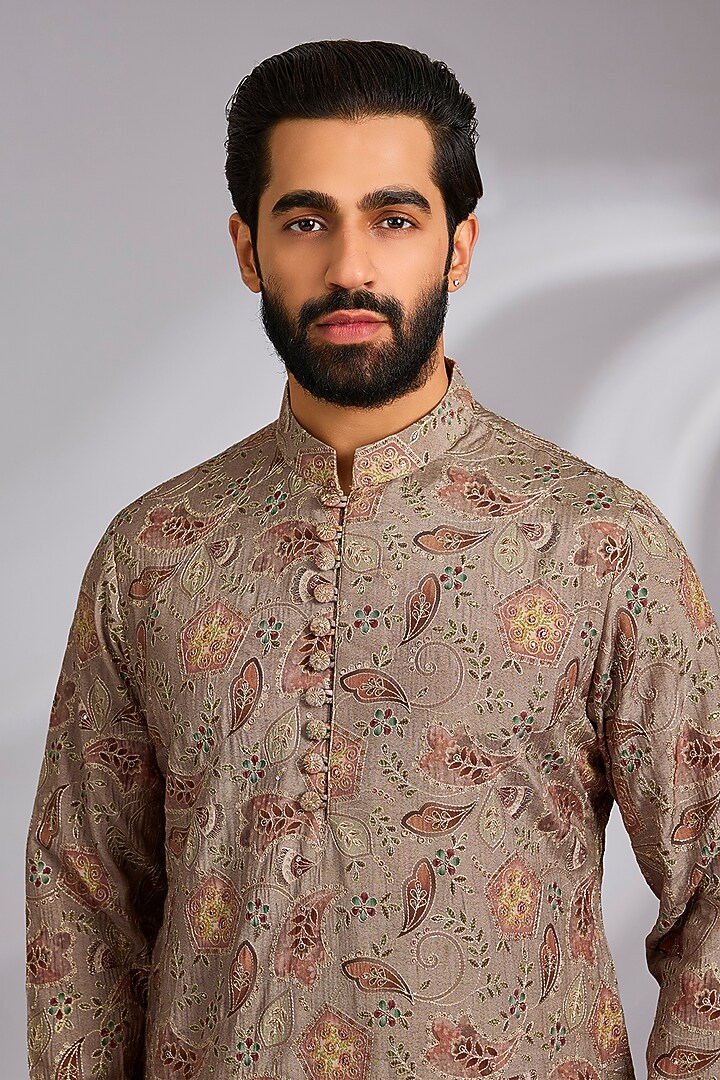 Beige Cotton Silk Floral Printed & Embroidered Kurta Set by RNG Safawala Men at Pernia's Pop Up Shop