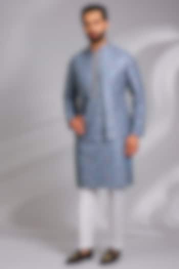 Powder Blue Cotton Silk Printed & Resham Embroidered Open Jacket Set by RNG Safawala Men at Pernia's Pop Up Shop
