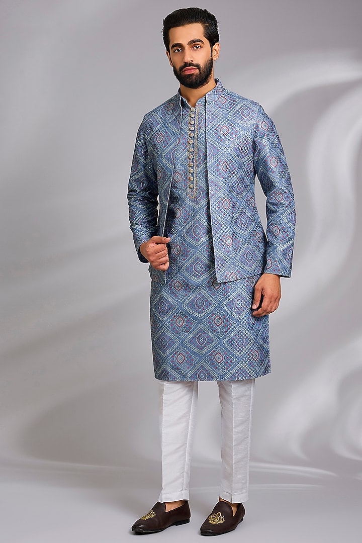 Powder Blue Cotton Silk Printed & Resham Embroidered Open Jacket Set by RNG Safawala Men at Pernia's Pop Up Shop