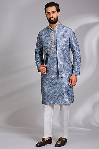 Powder Blue Cotton Silk Printed & Resham Embroidered Open Jacket Set by RNG Safawala Men