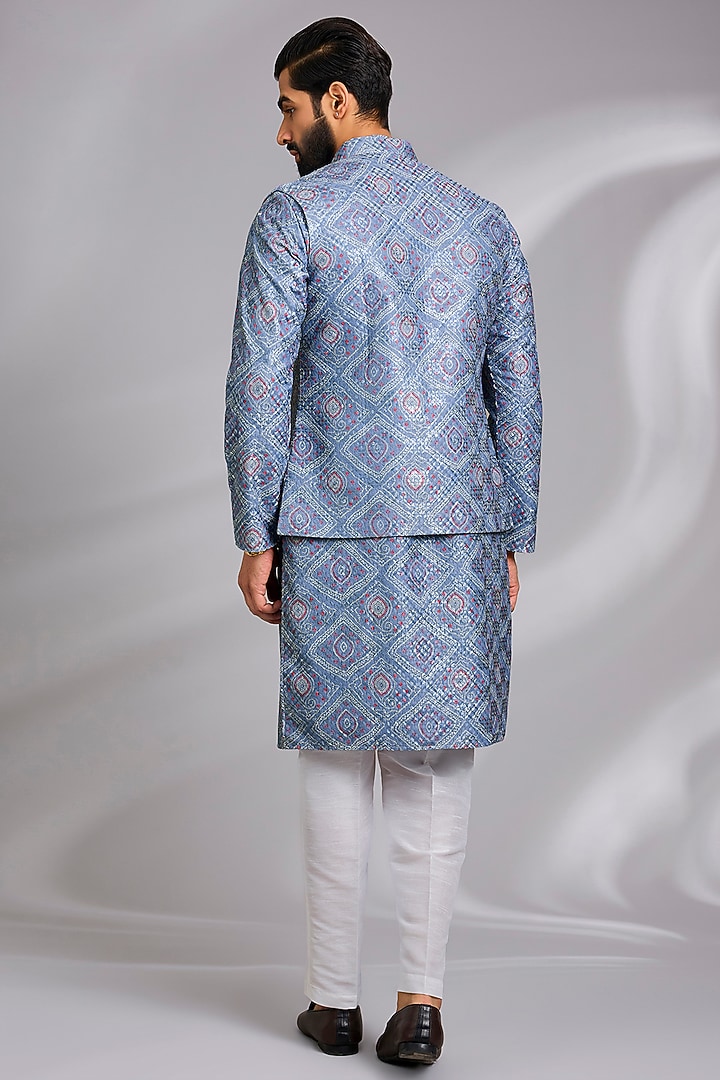 Powder Blue Cotton Silk Printed & Resham Embroidered Open Jacket Set by RNG Safawala Men at Pernia's Pop Up Shop