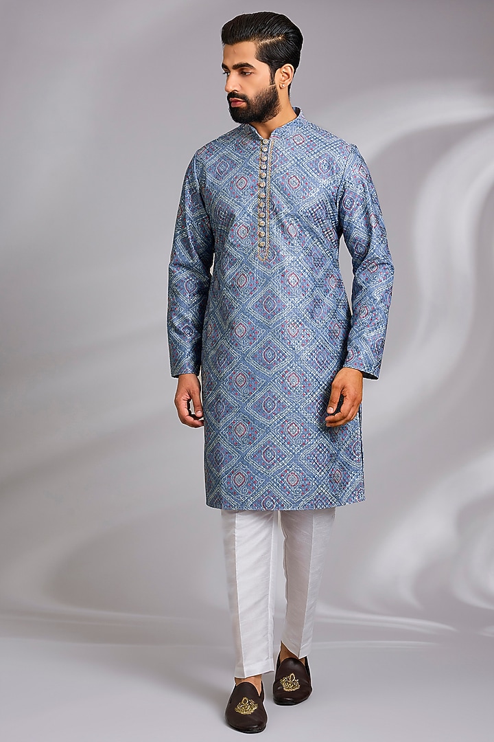 Powder Blue Cotton Silk Printed & Resham Embroidered Open Jacket Set by RNG Safawala Men at Pernia's Pop Up Shop