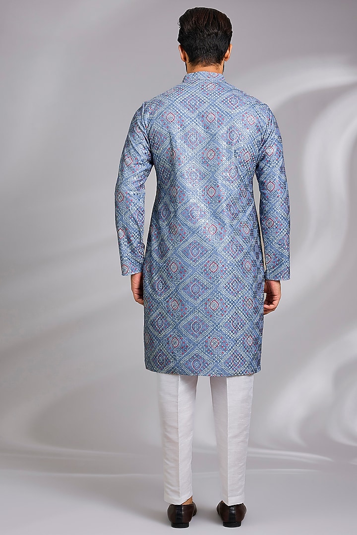 Powder Blue Cotton Silk Printed & Resham Embroidered Open Jacket Set by RNG Safawala Men at Pernia's Pop Up Shop