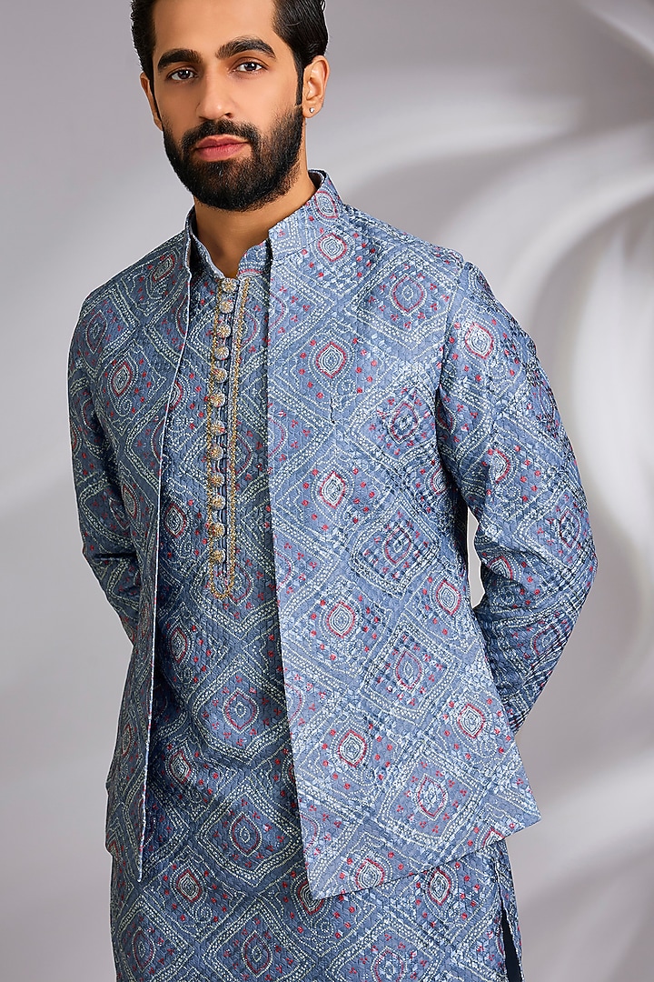 Powder Blue Cotton Silk Printed & Resham Embroidered Open Jacket Set by RNG Safawala Men at Pernia's Pop Up Shop