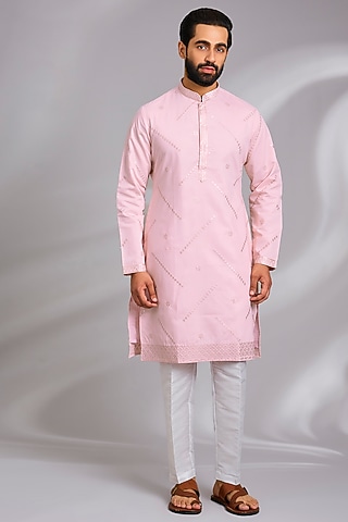 Pink Cotton Silk Thread Embroidered Kurta Set by RNG Safawala Men