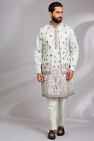 Mint Blue Cotton Silk Thread Embroidered Open-Jacket Set by RNG Safawala Men