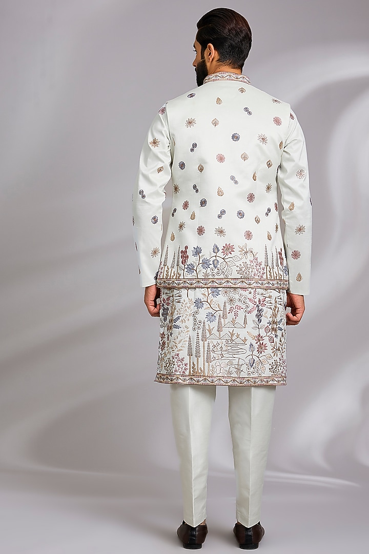 Mint Blue Cotton Silk Thread Embroidered Open-Jacket Set by RNG Safawala Men at Pernia's Pop Up Shop
