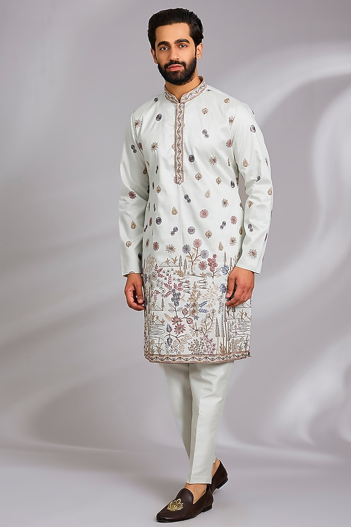 Mint Blue Cotton Silk Thread Embroidered Open-Jacket Set by RNG Safawala Men at Pernia's Pop Up Shop