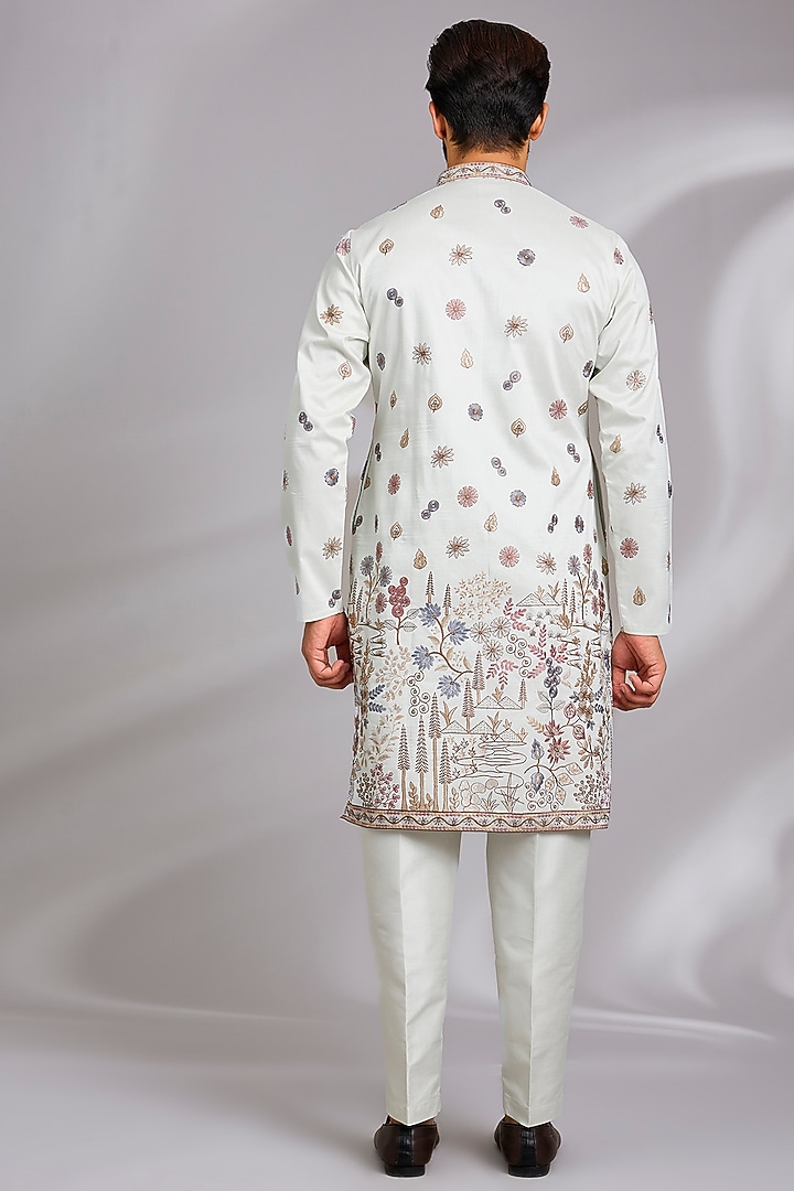 Mint Blue Cotton Silk Thread Embroidered Open-Jacket Set by RNG Safawala Men at Pernia's Pop Up Shop