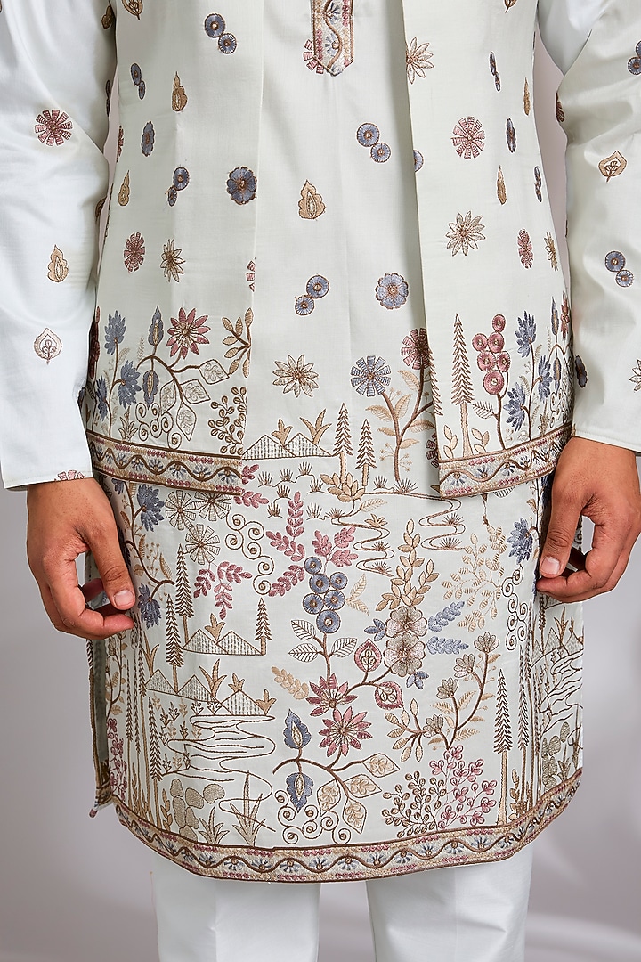 Mint Blue Cotton Silk Thread Embroidered Open-Jacket Set by RNG Safawala Men at Pernia's Pop Up Shop