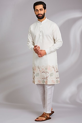 Off-White Cotton Silk Thread Embroidered Kurta Set by RNG Safawala Men